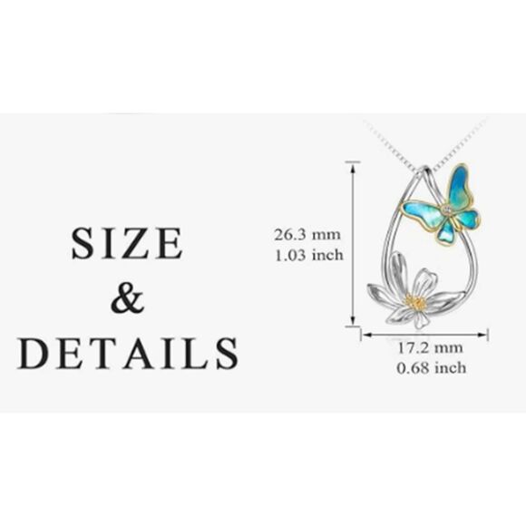 925 Sterling Silver Teardrop Blue Enamel Butterfly & Daisy Flower Necklace - Picture 2 of 10